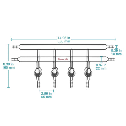 Dual vacuum manifold with 4 glass stopcocks and 2 hose connections per bank for laboratory vacuum control StonyLab