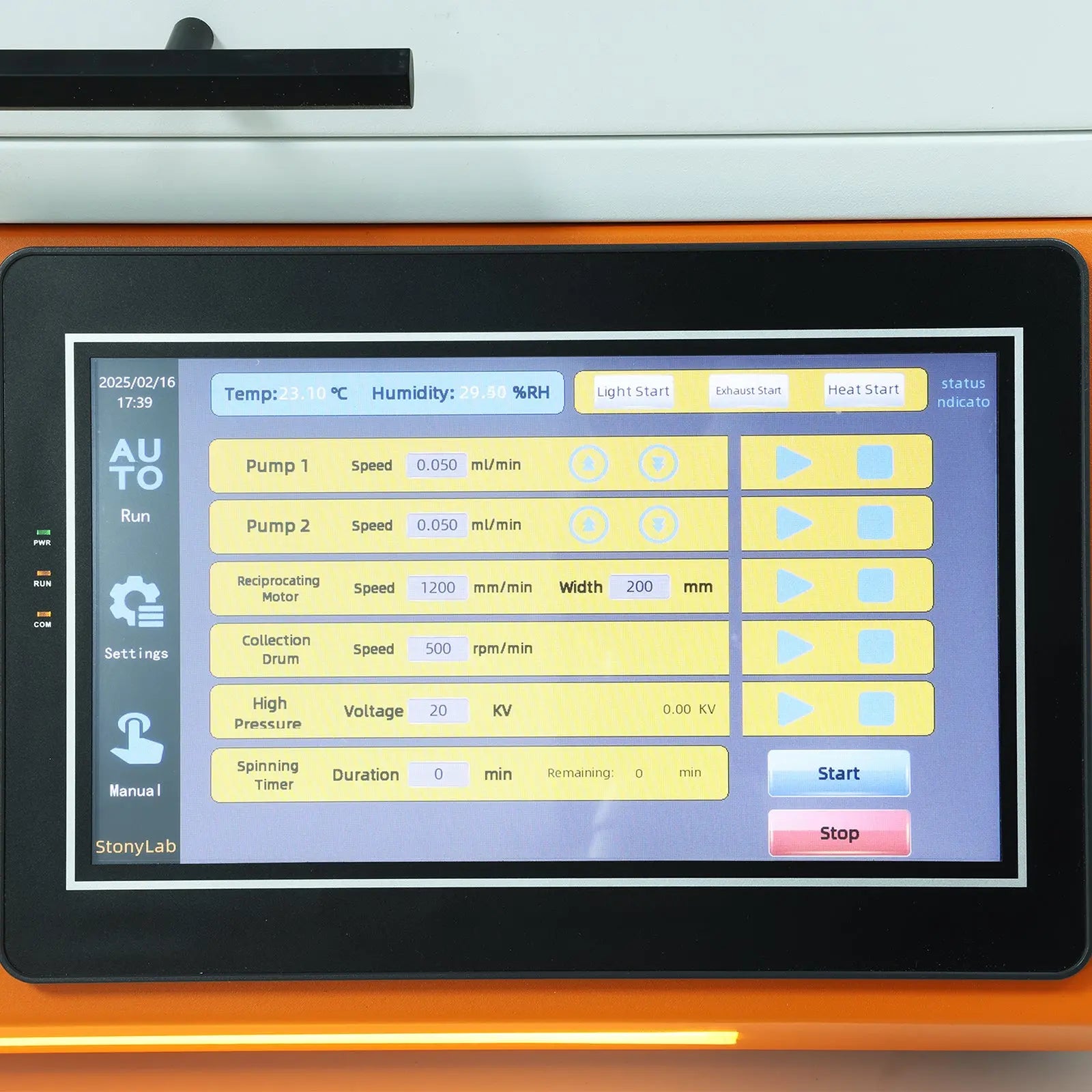 Comprehensive product view and setup components for StonyLab Electrospinning Machine