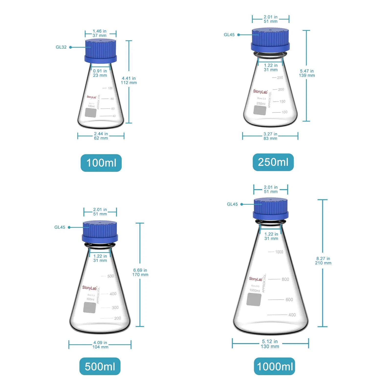 Erlenmeyer Flask with Blue Screw Cap, 100-1000 ml Flasks-Erlenmeyer