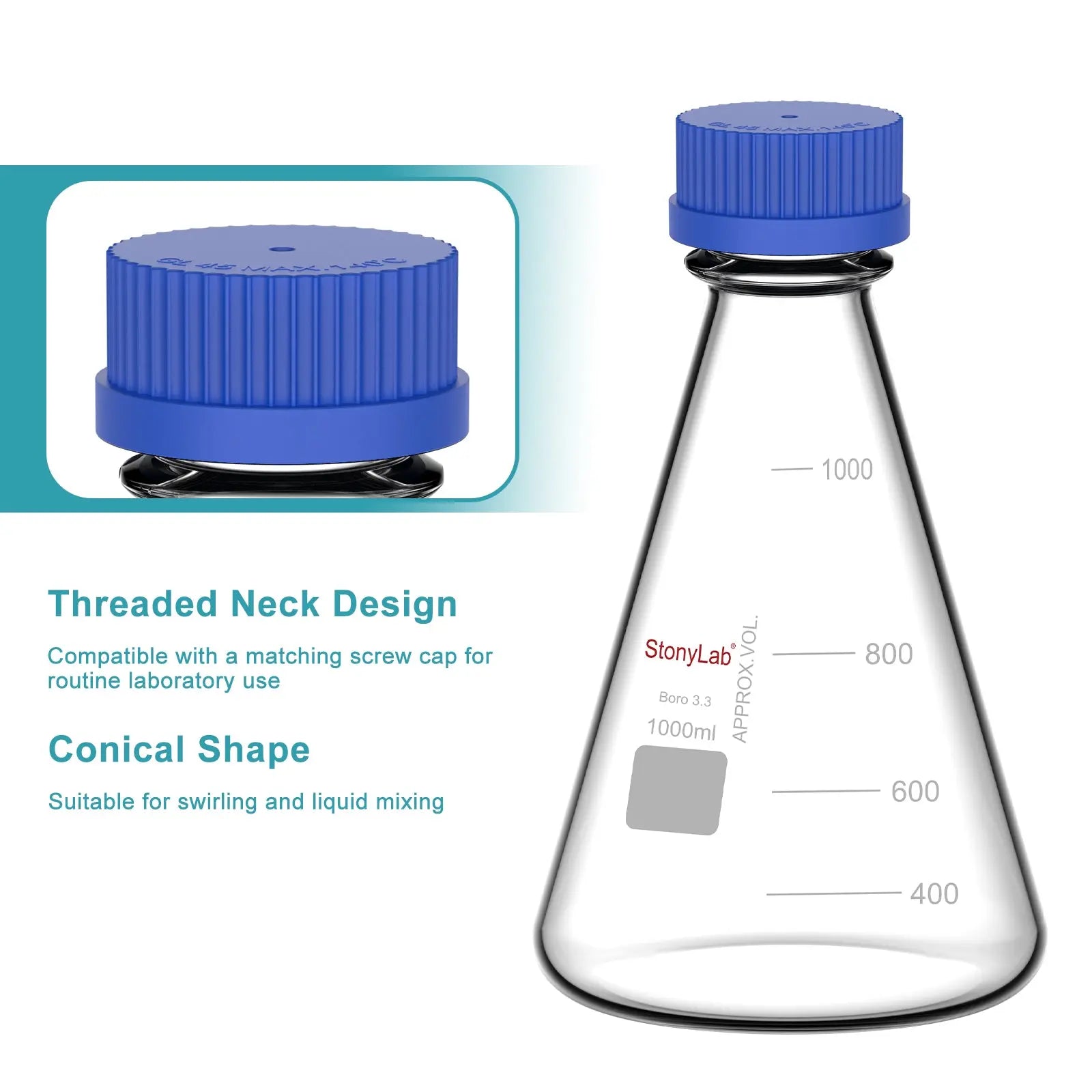 Erlenmeyer Flask with Blue Screw Cap, 100-1000 ml Flasks-Erlenmeyer