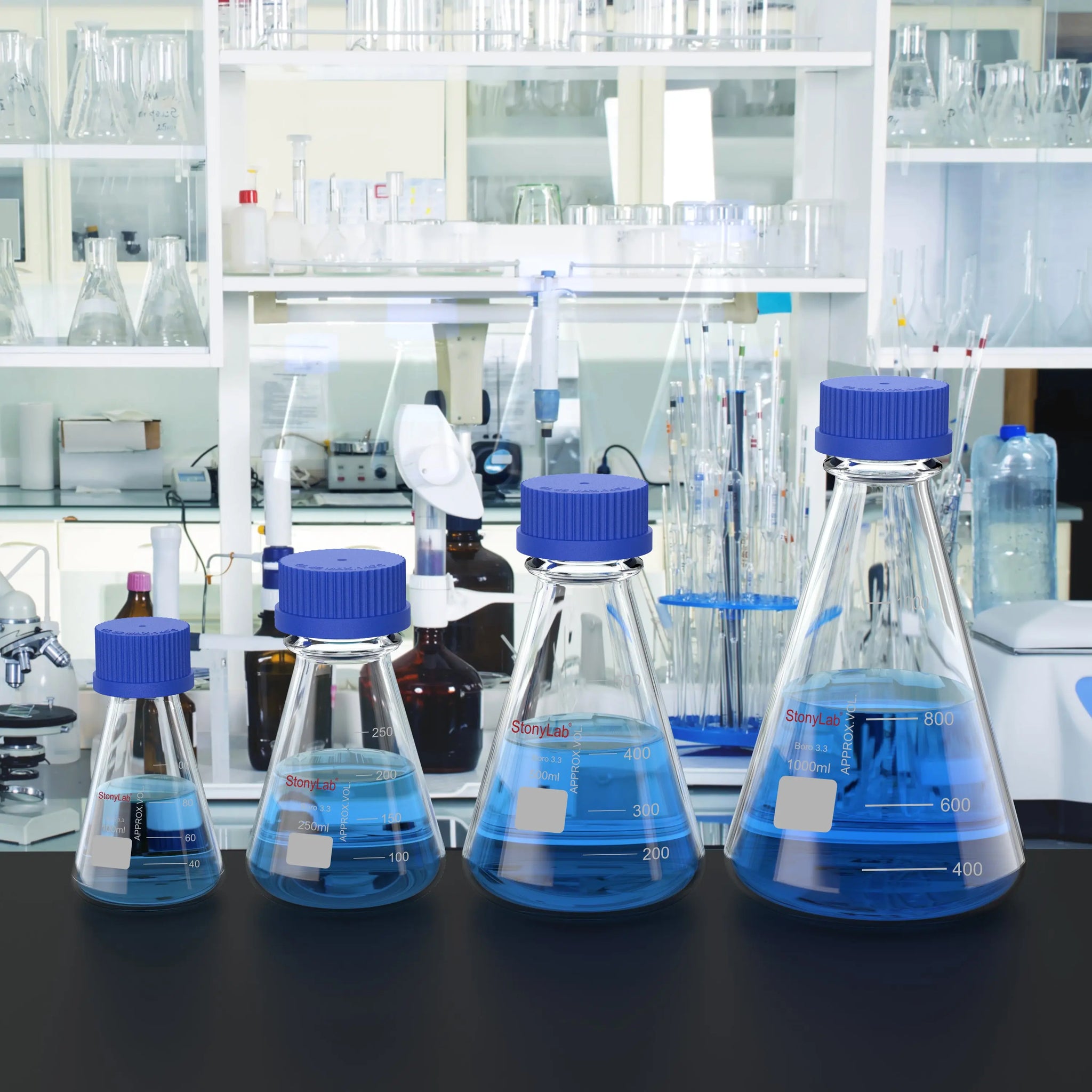 Erlenmeyer Flask with Blue Screw Cap, 100-1000 ml Flasks-Erlenmeyer