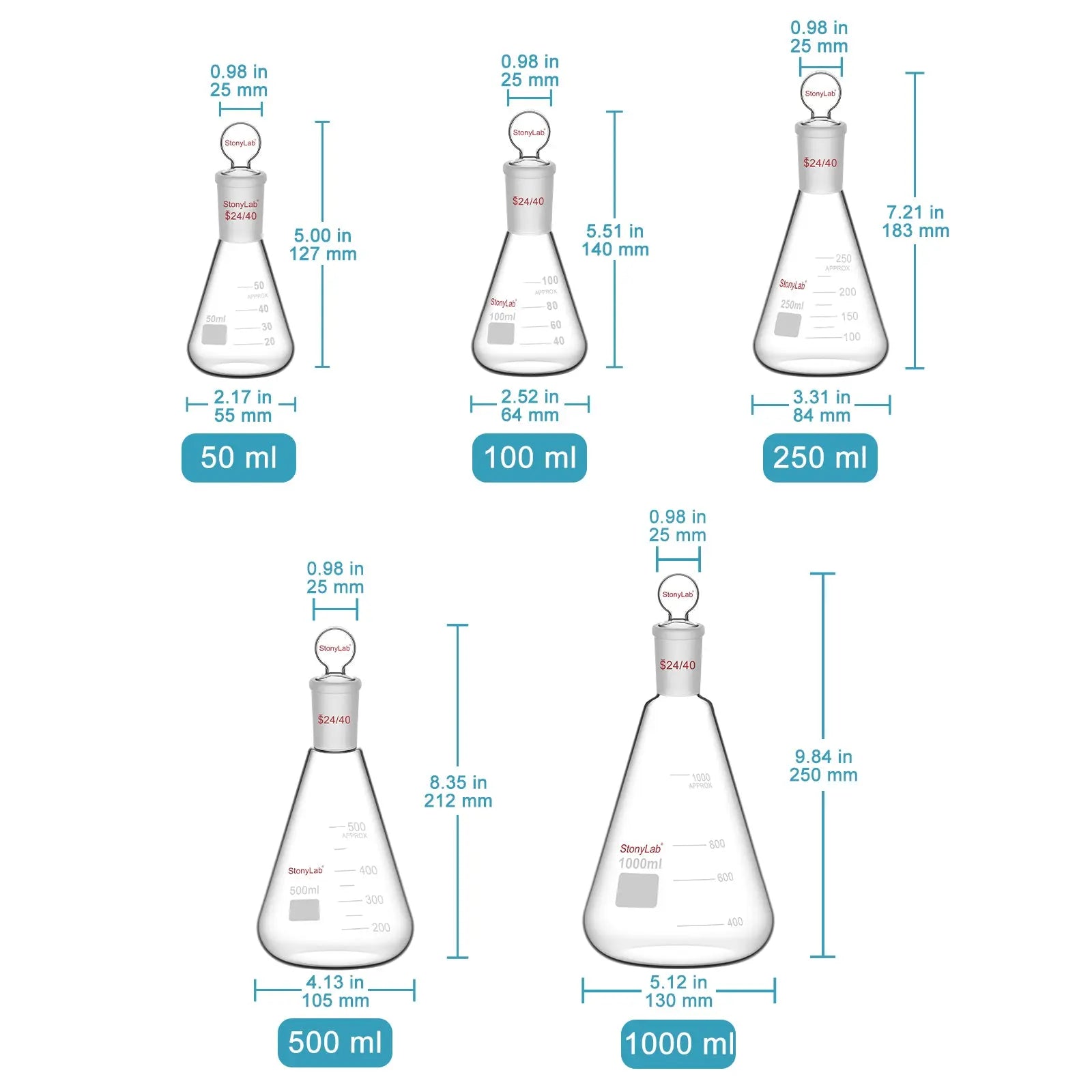 Erlenmeyer Flask with Glass Stopper, 24/40 Joint, 50-1000 ml Flasks-Erlenmeyer