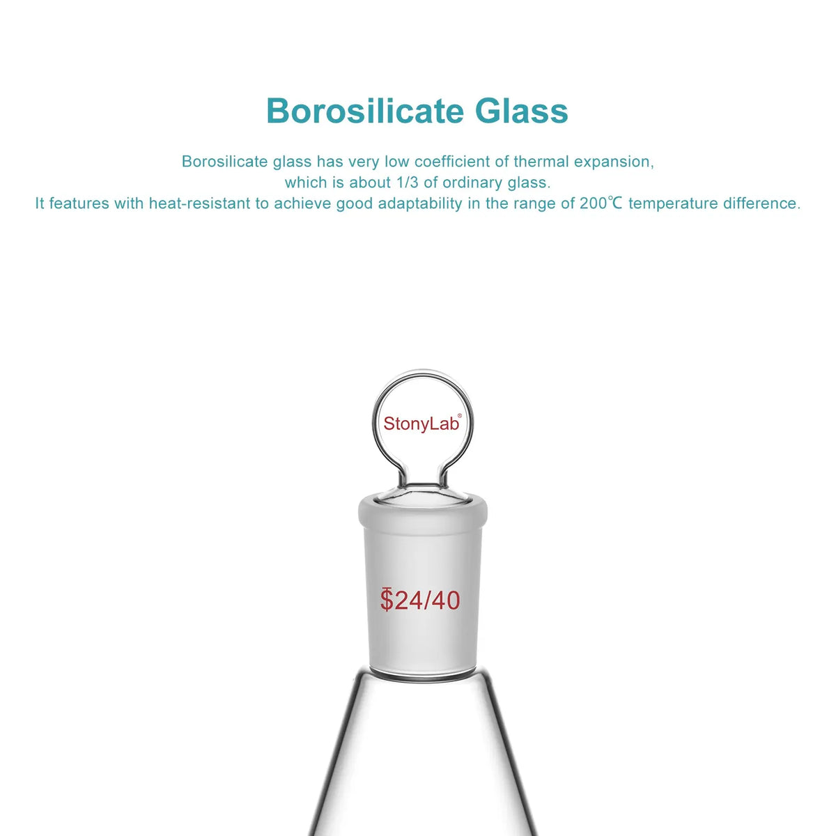 Side view and dimensional layout of the durable StonyLab Erlenmeyer Flask with Glass Stopper