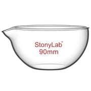 Borosilicate glass evaporating dish 90–150 mm diameter with flat bottom and pouring spout for laboratory evaporation StonyLab