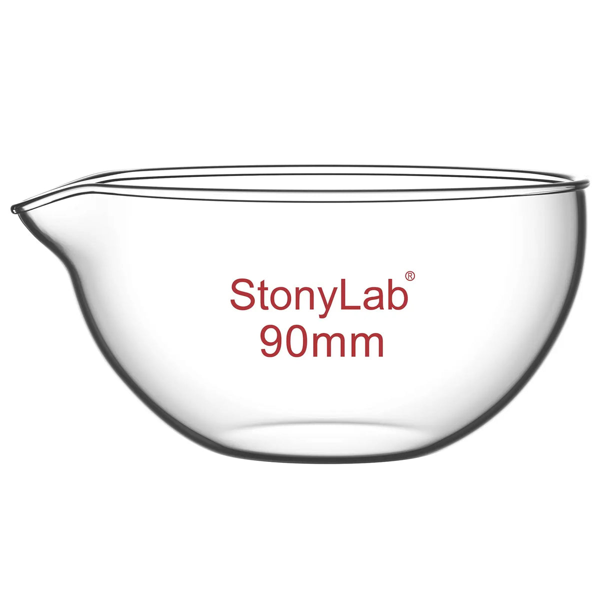 Borosilicate glass evaporating dish 90–150 mm diameter with flat bottom and pouring spout for laboratory evaporation StonyLab