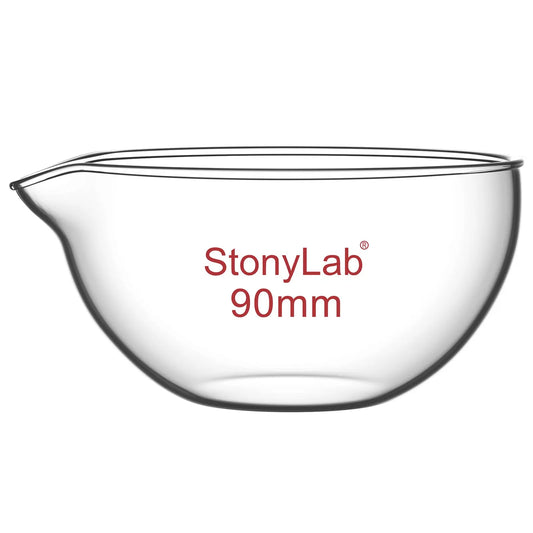 Borosilicate glass evaporating dish 90–150 mm diameter with flat bottom and pouring spout for laboratory evaporation StonyLab