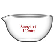 Borosilicate glass evaporating dish 90–150 mm diameter with flat bottom and pouring spout for laboratory evaporation StonyLab