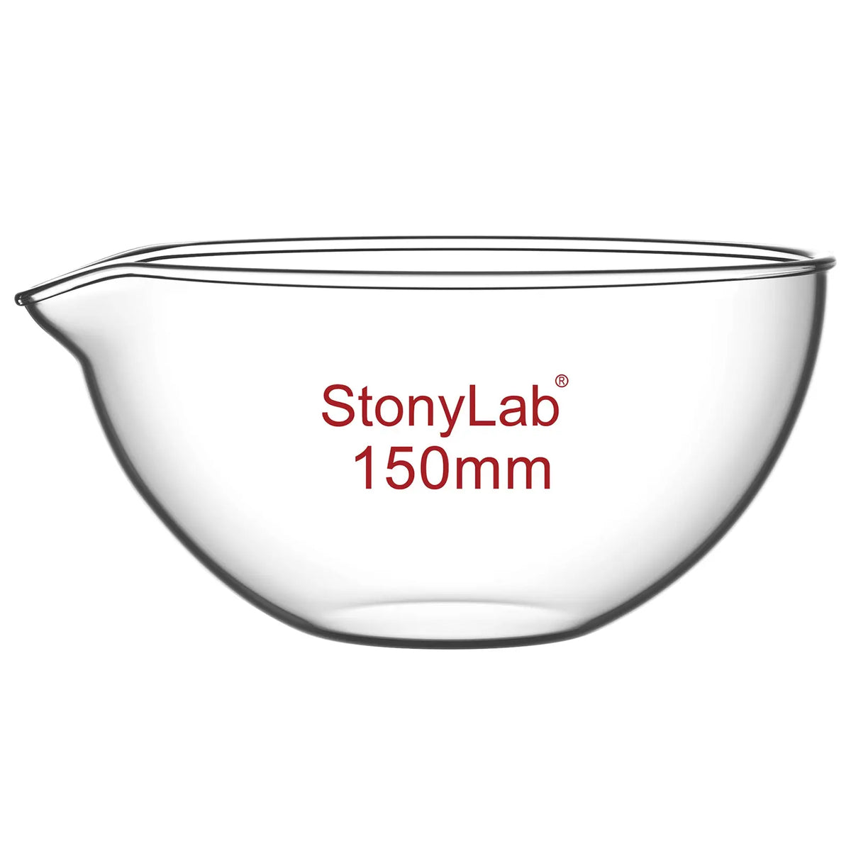 Borosilicate glass evaporating dish 90–150 mm diameter with flat bottom and pouring spout for laboratory evaporation StonyLab