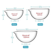Borosilicate glass evaporating dish 90–150 mm diameter with flat bottom and pouring spout for laboratory evaporation StonyLab