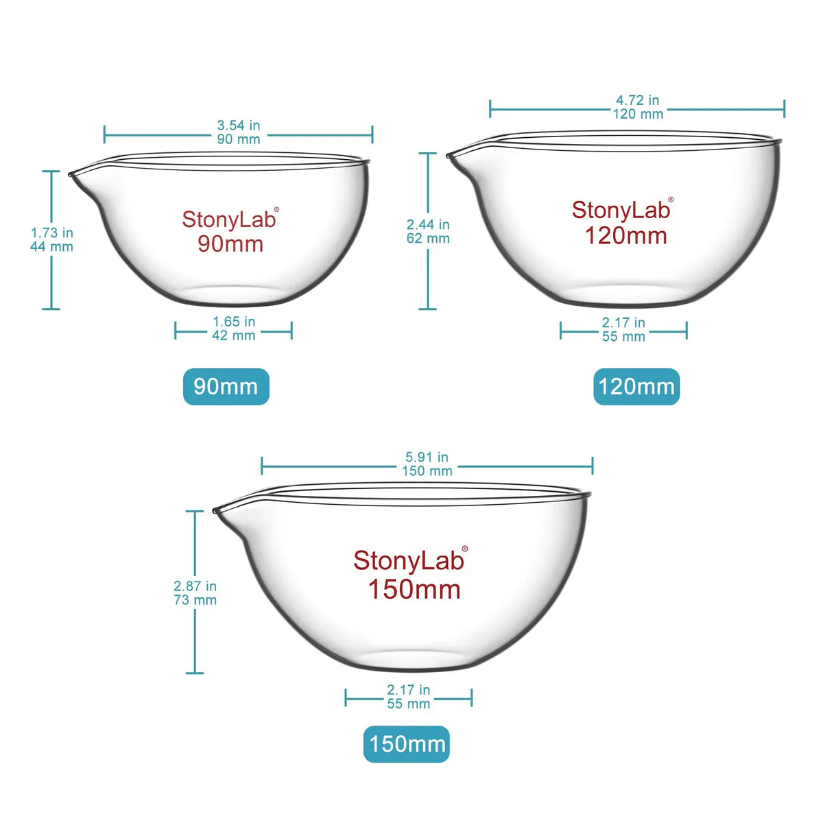 Borosilicate glass evaporating dish 90–150 mm diameter with flat bottom and pouring spout for laboratory evaporation StonyLab