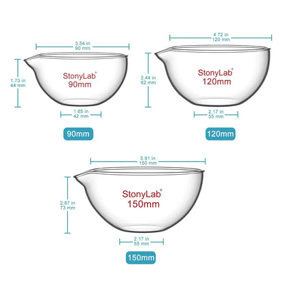 Borosilicate glass evaporating dish 90–150 mm diameter with flat bottom and pouring spout for laboratory evaporation StonyLab