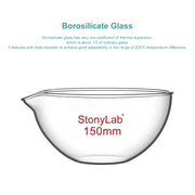 Borosilicate glass evaporating dish 90–150 mm diameter with flat bottom and pouring spout for laboratory evaporation StonyLab