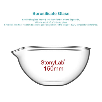 Borosilicate glass evaporating dish 90–150 mm diameter with flat bottom and pouring spout for laboratory evaporation StonyLab