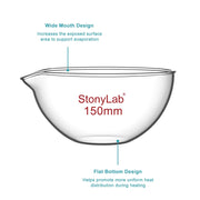 Borosilicate glass evaporating dish 90–150 mm diameter with flat bottom and pouring spout for laboratory evaporation StonyLab