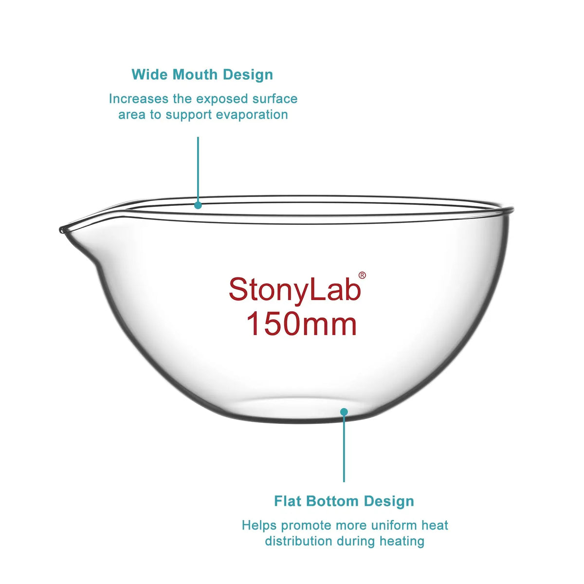 Borosilicate glass evaporating dish 90–150 mm diameter with flat bottom and pouring spout for laboratory evaporation StonyLab
