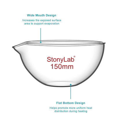 Borosilicate glass evaporating dish 90–150 mm diameter with flat bottom and pouring spout for laboratory evaporation StonyLab