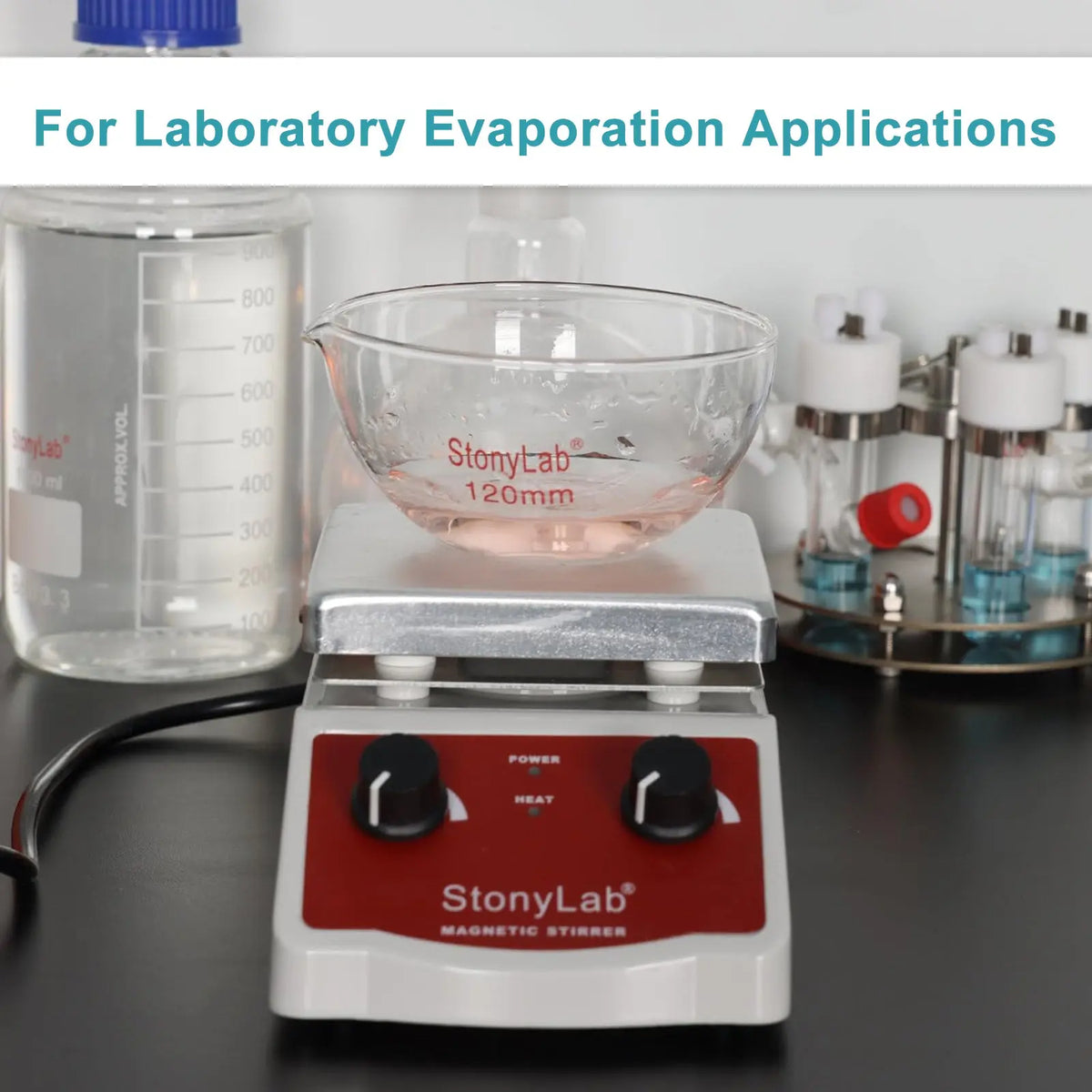 Borosilicate glass evaporating dish 90–150 mm diameter with flat bottom and pouring spout for laboratory evaporation StonyLab