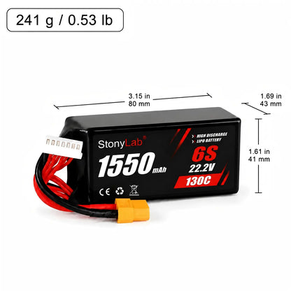 FPV LiPo Drone Battery 6S 22.2V, 1200–1650mAh, 100C–130C, 2 Packs FPV Drone Battery