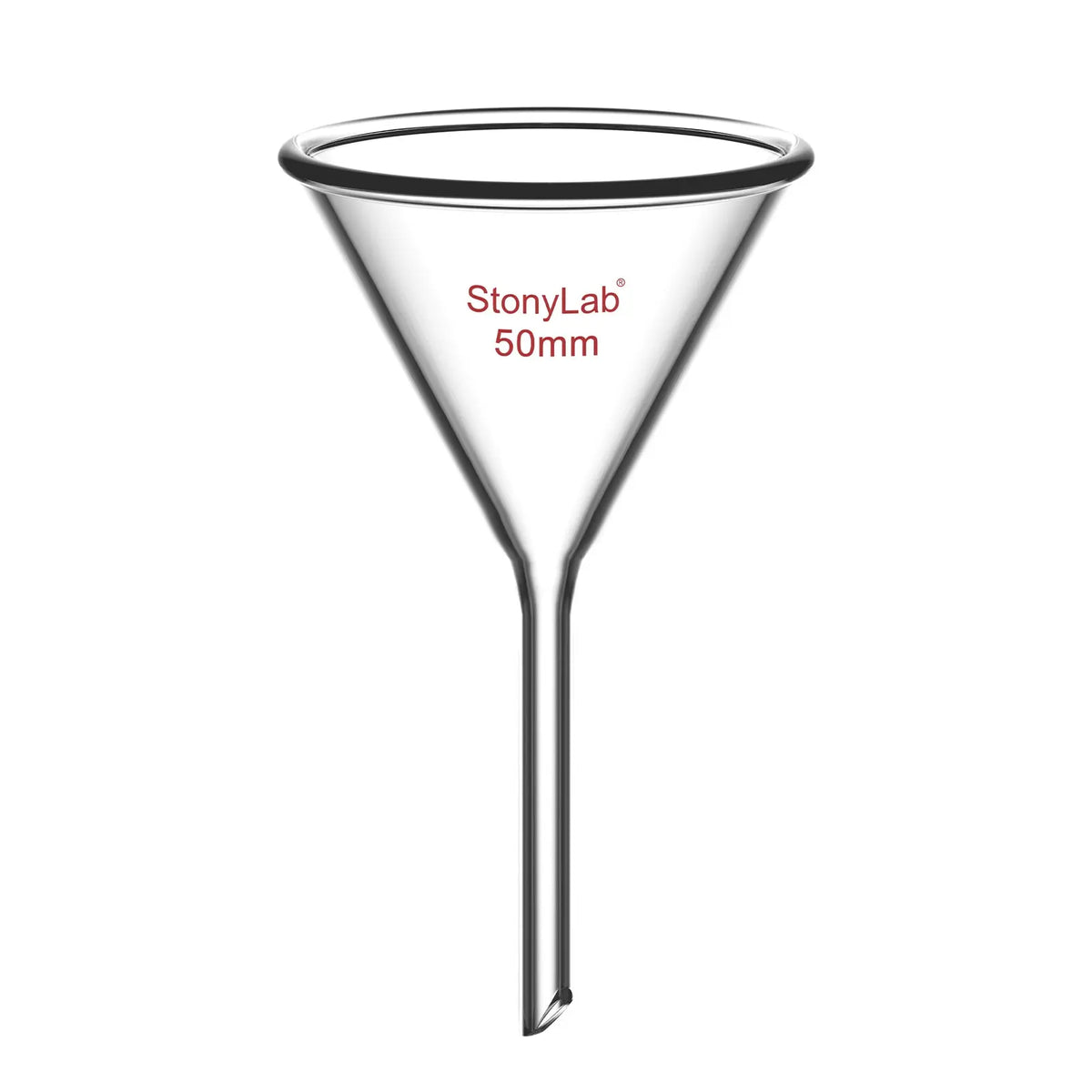 Borosilicate glass laboratory filter funnel for routine filtration and liquid transfer, available in 50–180 mm diameter sizes StonyLab