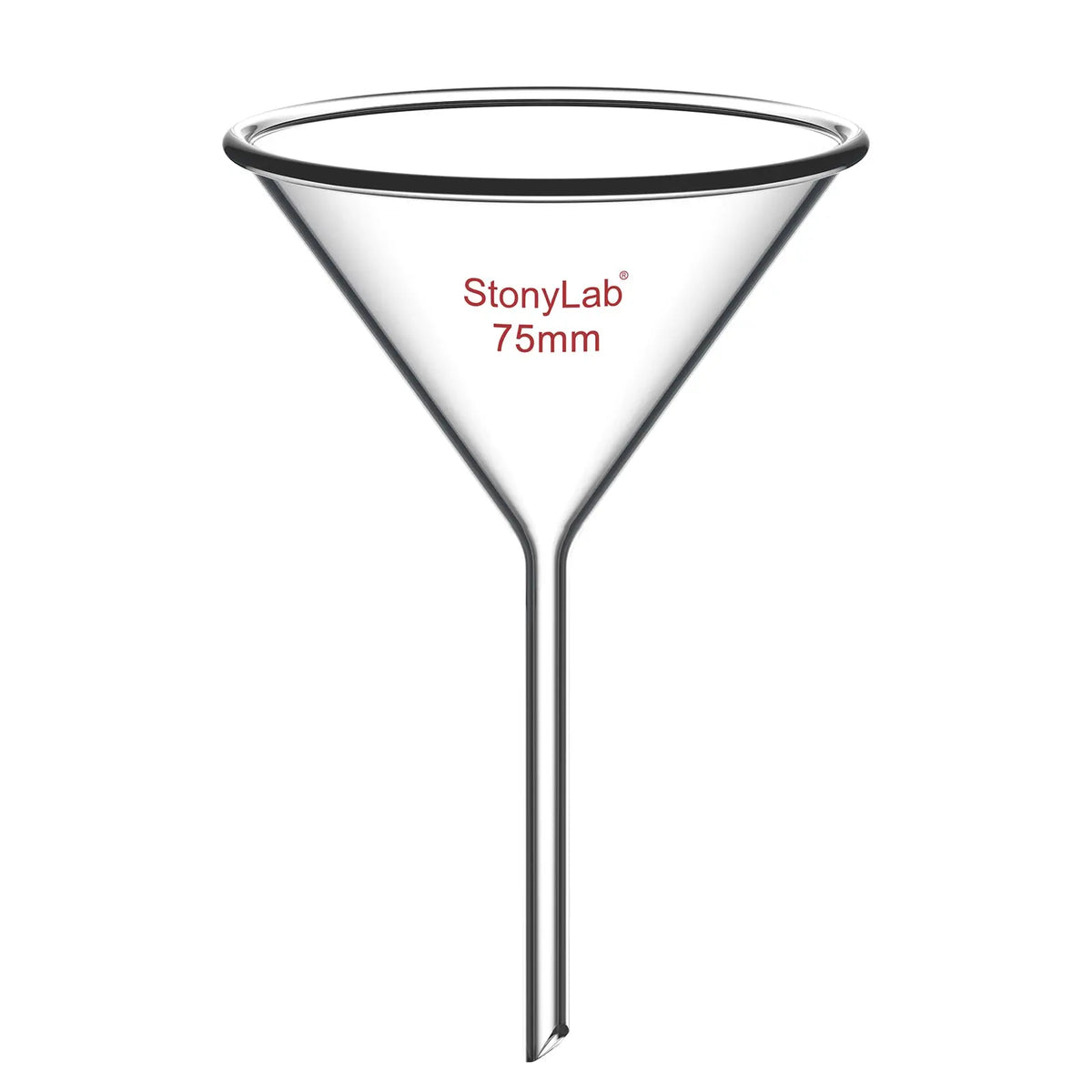 Borosilicate glass laboratory filter funnel for routine filtration and liquid transfer, available in 50–180 mm diameter sizes StonyLab