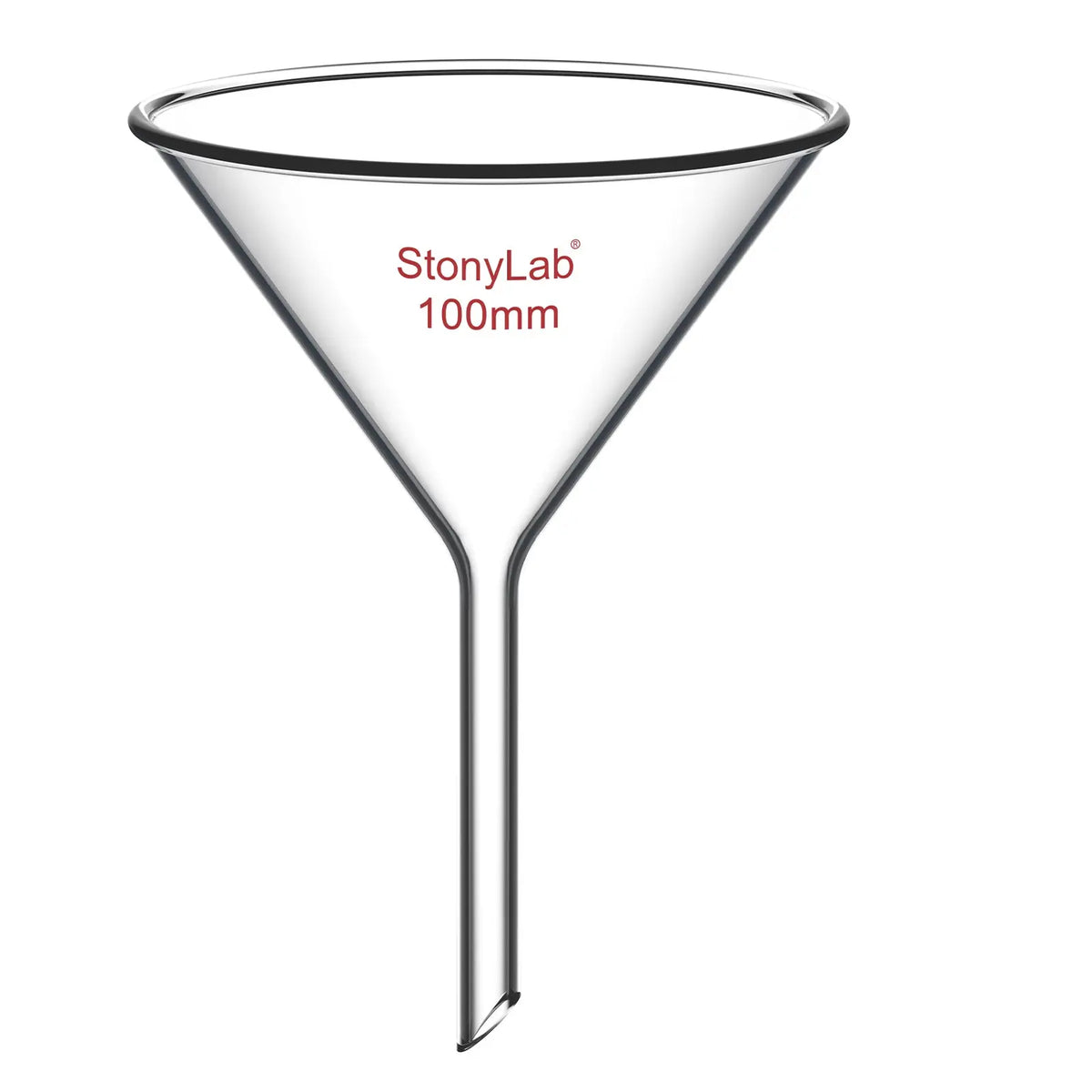 Borosilicate glass laboratory filter funnel for routine filtration and liquid transfer, available in 50–180 mm diameter sizes StonyLab