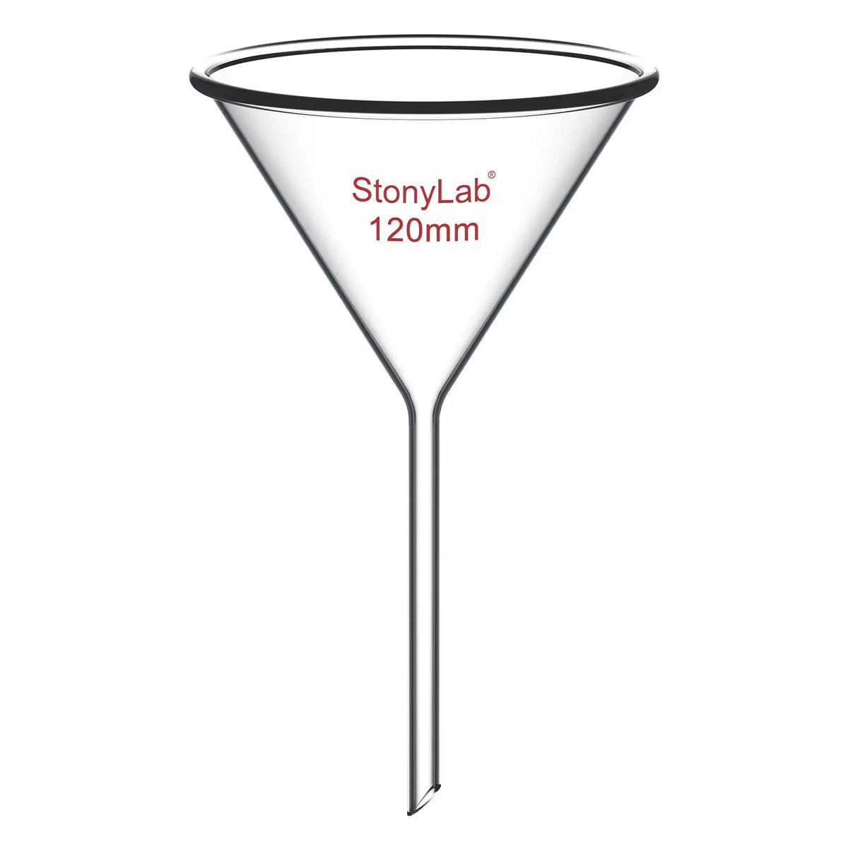 Borosilicate glass laboratory filter funnel for routine filtration and liquid transfer, available in 50–180 mm diameter sizes StonyLab