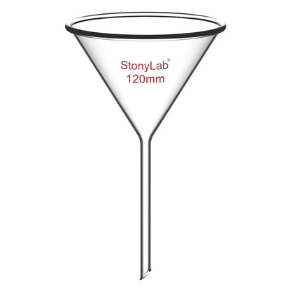Borosilicate glass laboratory filter funnel for routine filtration and liquid transfer, available in 50–180 mm diameter sizes StonyLab