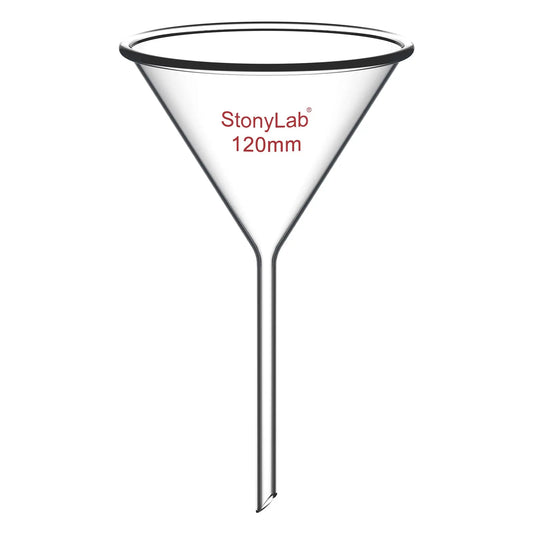 Borosilicate glass laboratory filter funnel for routine filtration and liquid transfer, available in 50–180 mm diameter sizes StonyLab