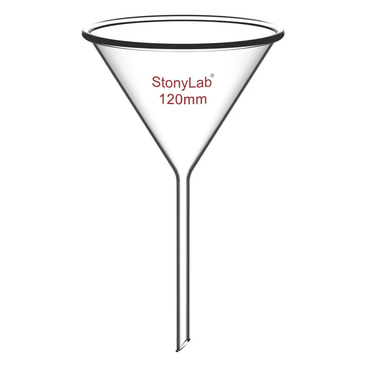 Borosilicate glass laboratory filter funnel for routine filtration and liquid transfer, available in 50–180 mm diameter sizes StonyLab