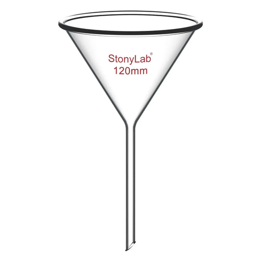 Borosilicate glass laboratory filter funnel for routine filtration and liquid transfer, available in 50–180 mm diameter sizes StonyLab