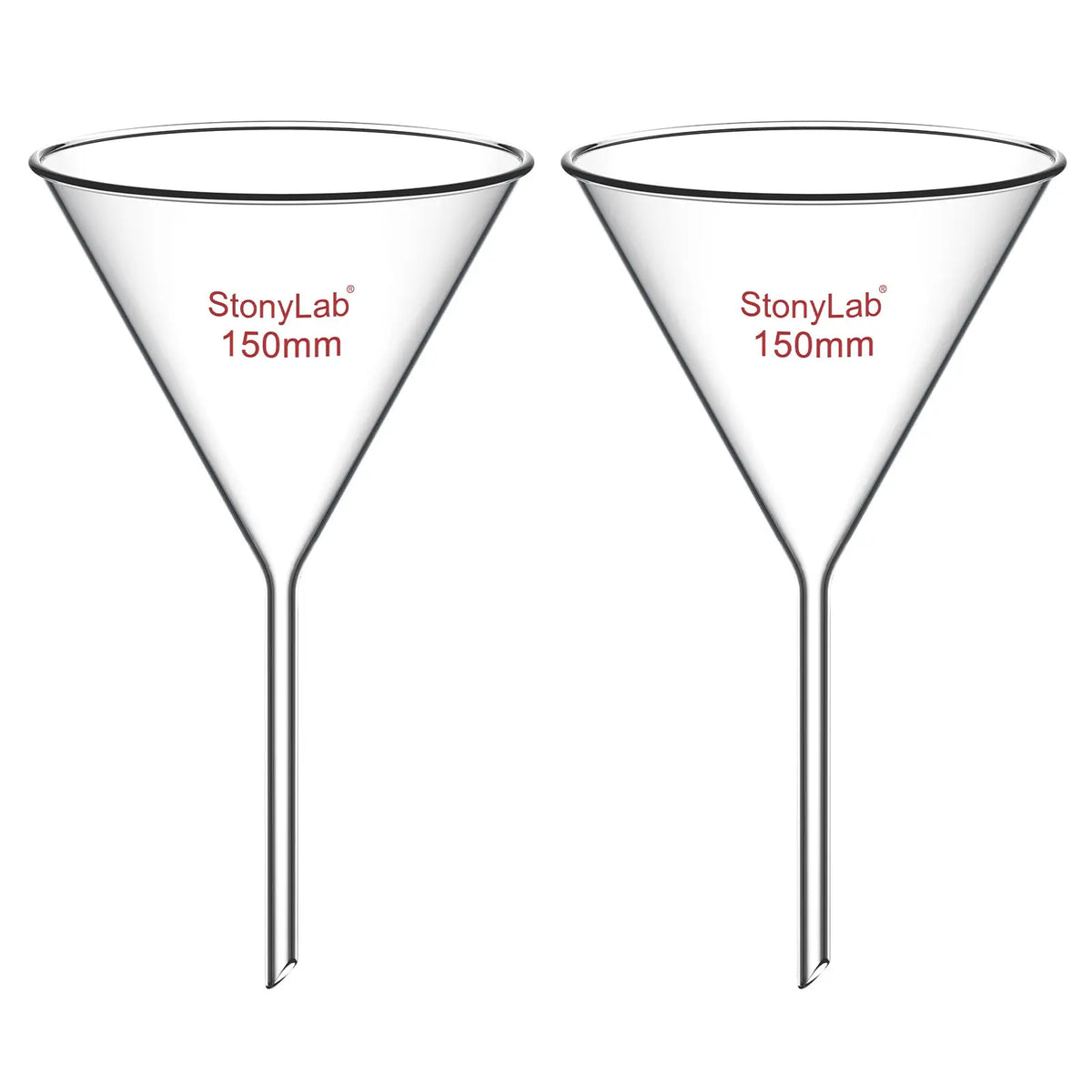 Borosilicate glass laboratory filter funnel for routine filtration and liquid transfer, available in 50–180 mm diameter sizes StonyLab