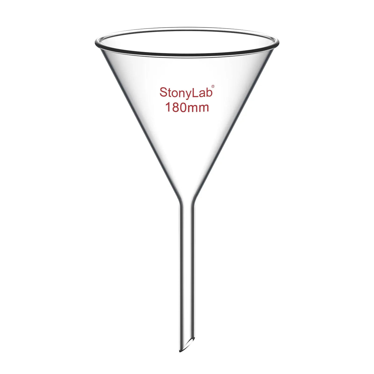Borosilicate glass laboratory filter funnel for routine filtration and liquid transfer, available in 50–180 mm diameter sizes StonyLab