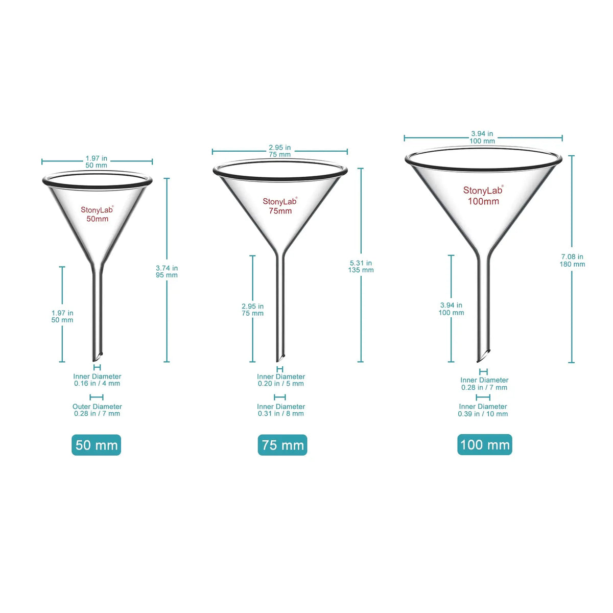 Borosilicate glass laboratory filter funnel for routine filtration and liquid transfer, available in 50–180 mm diameter sizes StonyLab