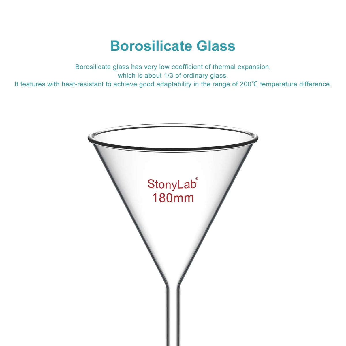 Borosilicate glass laboratory filter funnel for routine filtration and liquid transfer, available in 50–180 mm diameter sizes StonyLab