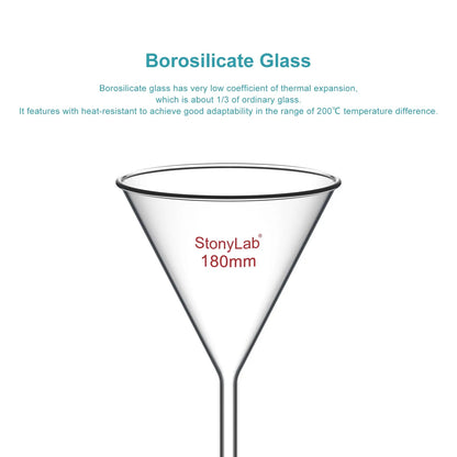 Borosilicate glass laboratory filter funnel for routine filtration and liquid transfer, available in 50–180 mm diameter sizes StonyLab