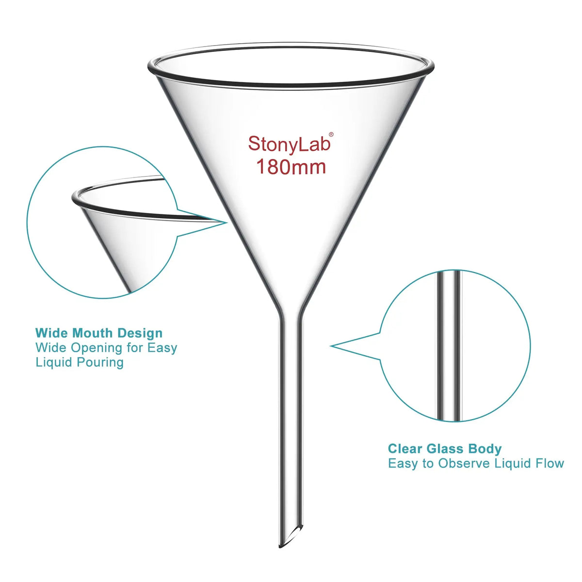 Borosilicate glass laboratory filter funnel for routine filtration and liquid transfer, available in 50–180 mm diameter sizes StonyLab
