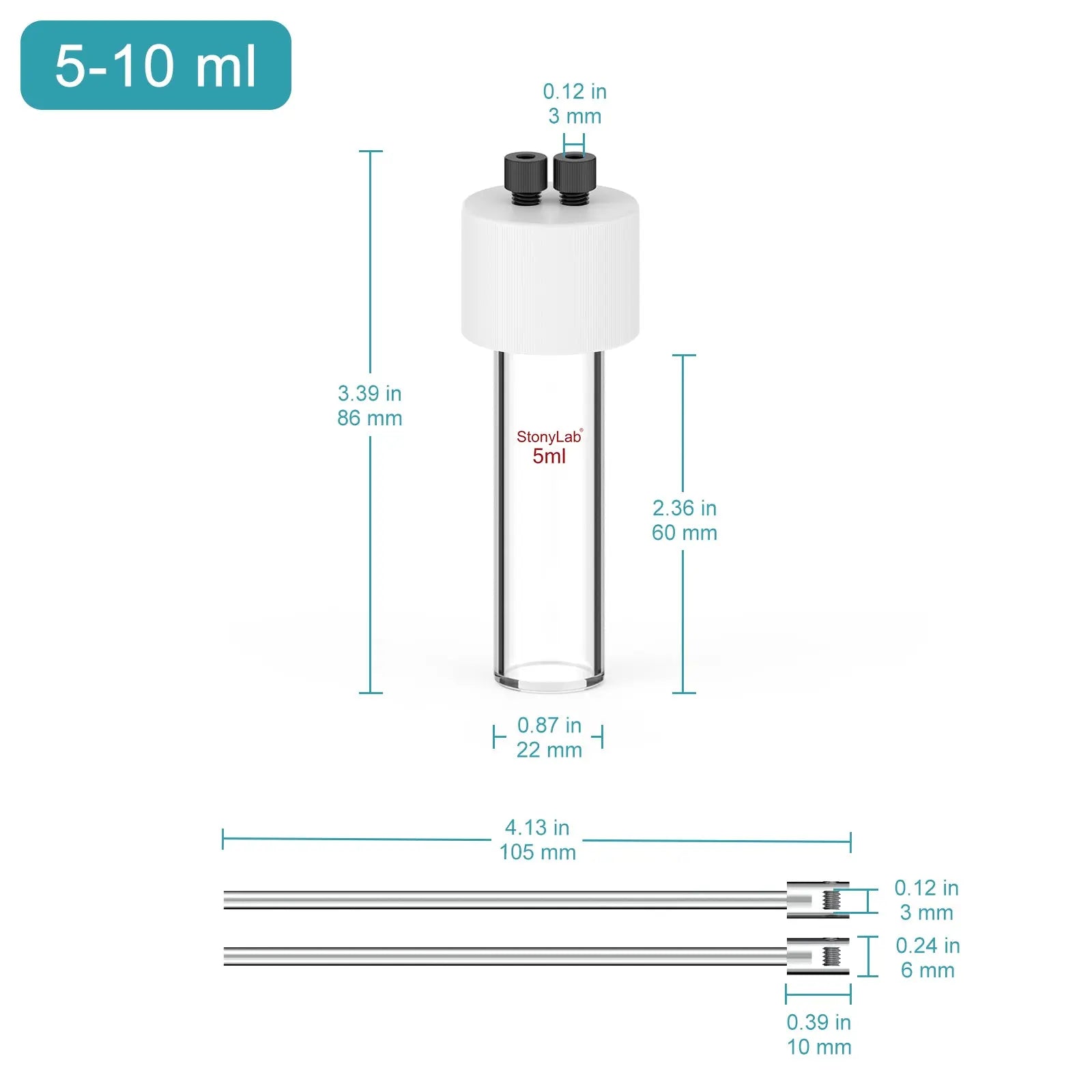 Side view and dimensional layout of the durable StonyLab Flat-Bottom Sealed Tubular Electrolytic Cell
