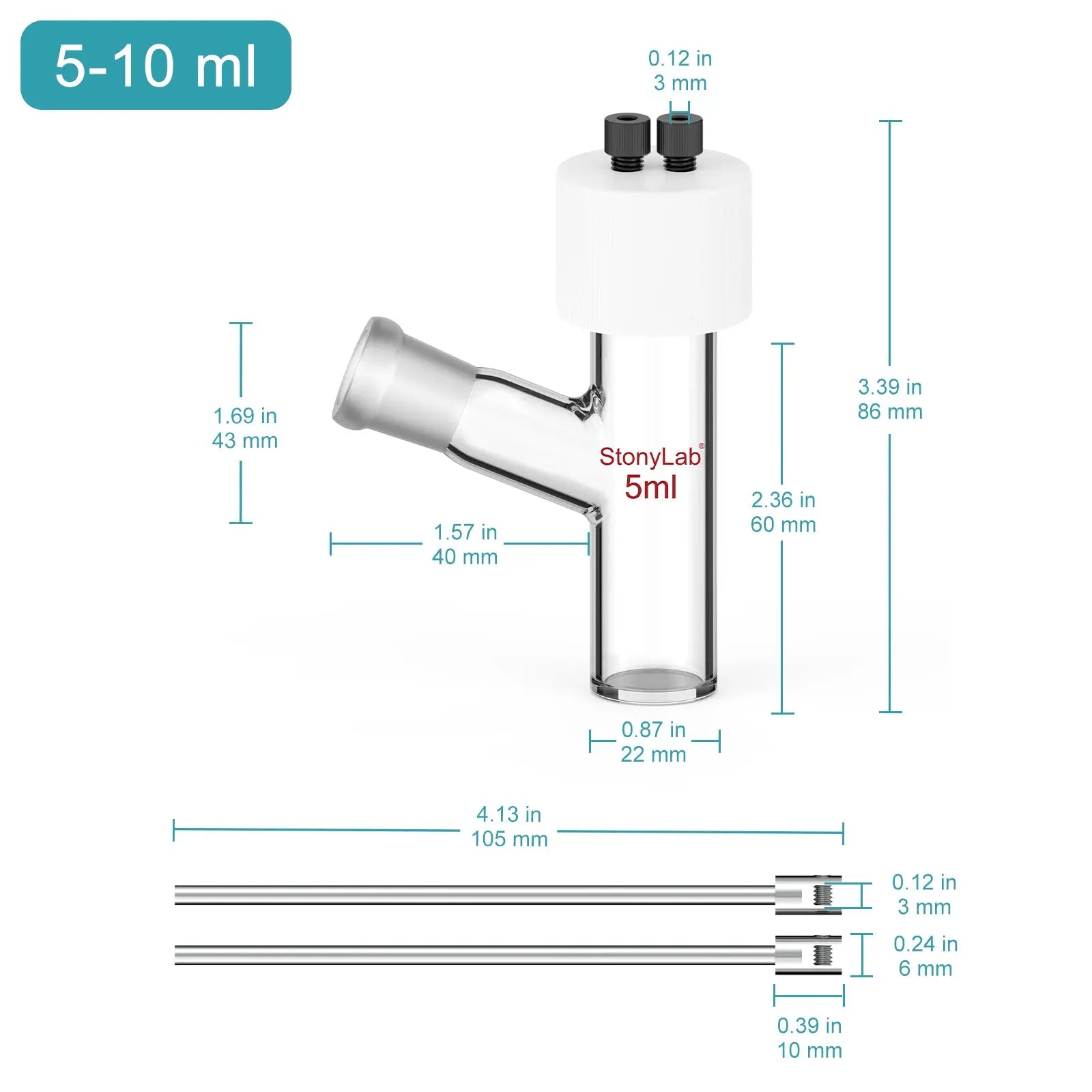 Side view and dimensional layout of the durable StonyLab Flat-Bottom Sealed Tubular Electrolytic Cell with 14