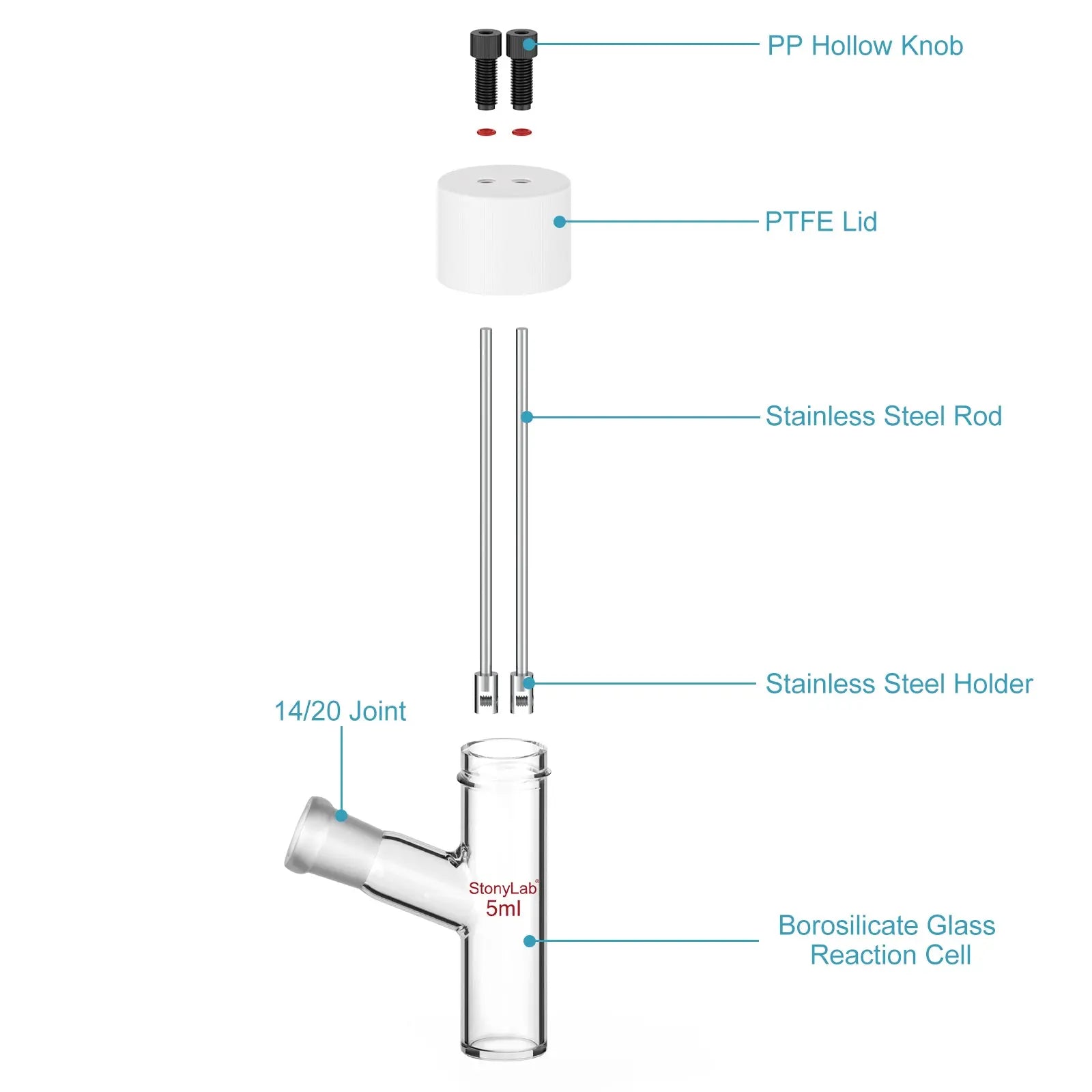StonyLab Flat-Bottom Sealed Tubular Electrolytic Cell with 14 heavy duty chemical processing configuration