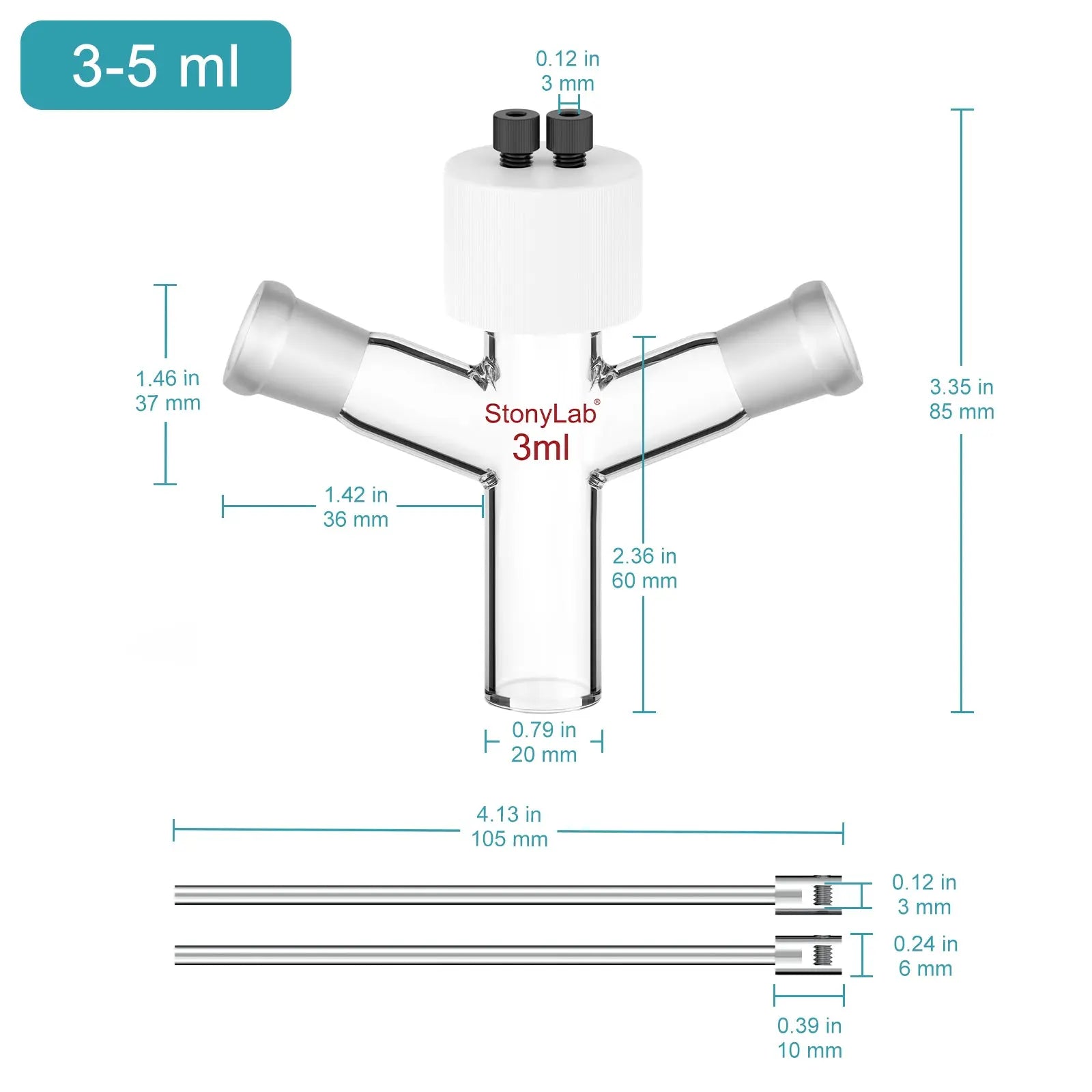 Close-up view showing the precise design and material of StonyLab Flat-Bottom Sealed Tubular Electrolytic Cell with Dual 14
