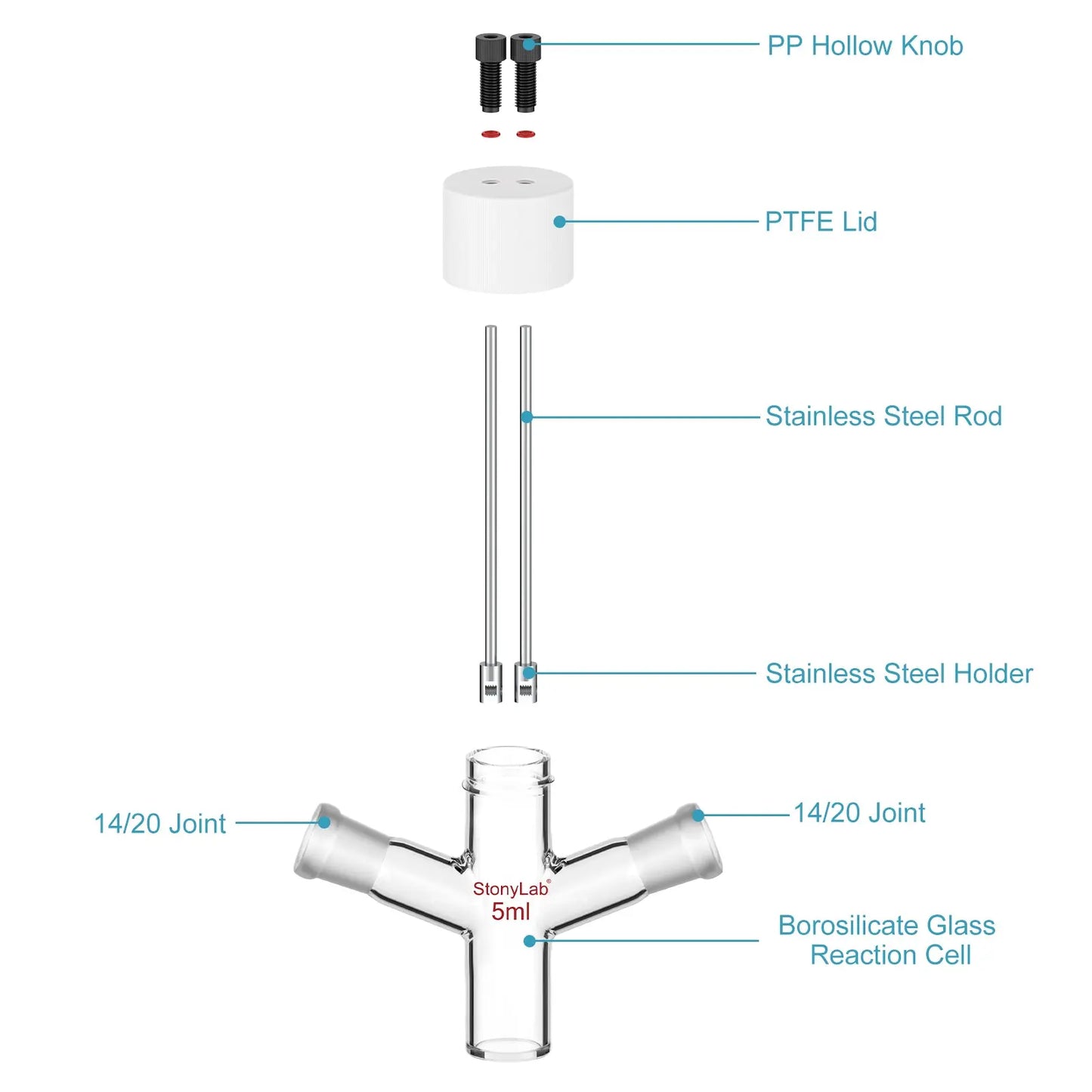Flat-Bottom Sealed Tubular Electrolytic Cell, with two 14/20 Side Joints, 3-10 ml Electrolyzer-Single Chamber