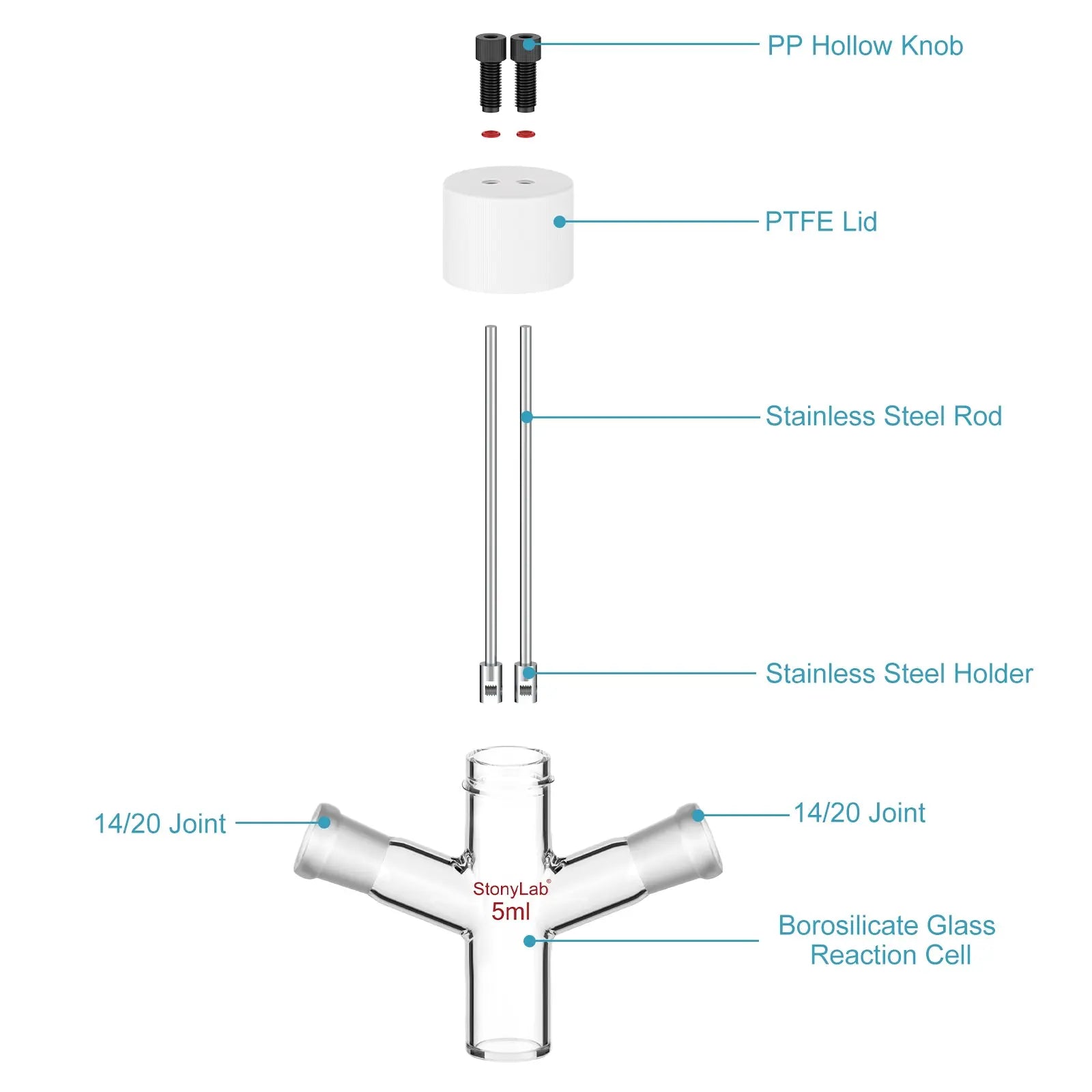 StonyLab Flat-Bottom Sealed Tubular Electrolytic Cell with Dual 14 heavy duty chemical processing configuration