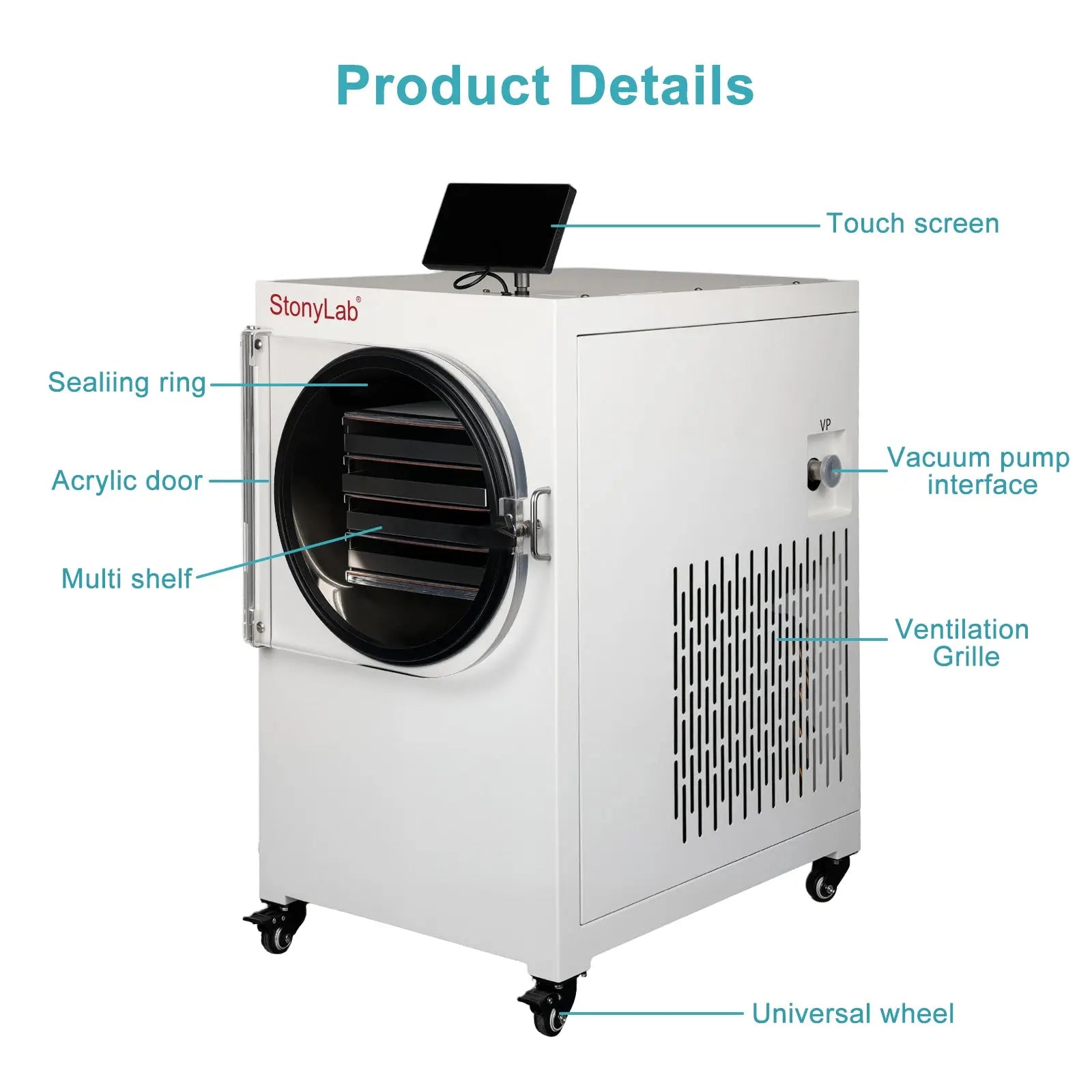 Side view and dimensional layout of the durable StonyLab Food Freeze Dryer with Vacuum Pump