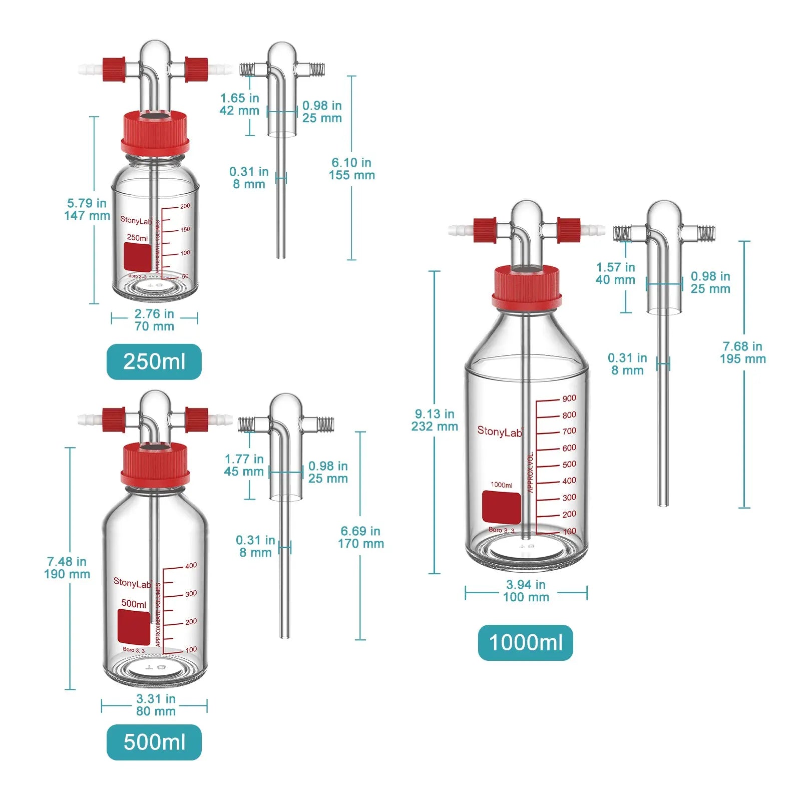Gas Washing Bottle with Straight Dispersion Tube, GL45 Screw Thread PP Cap, 250-1000 ml Bottles-Bottle Bubblers
