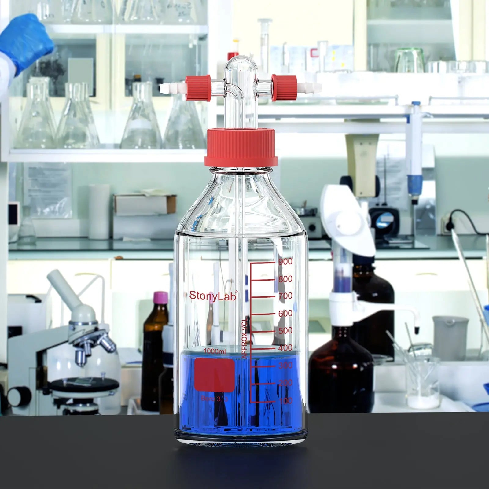 Comprehensive product view and setup components for StonyLab Gas Washing Bottle with Straight Dispersion Tube
