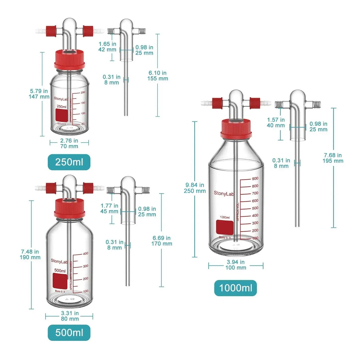 Gas Washing Bottle with Straight Dispersion Tube, GL45 Screw Thread PP Cap, 250-1000 ml Bottles-Gas Washing