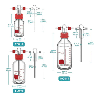 Gas Washing Bottle with Straight Dispersion Tube, GL45 Screw Thread PP Cap, 250-1000 ml Bottles-Gas Washing