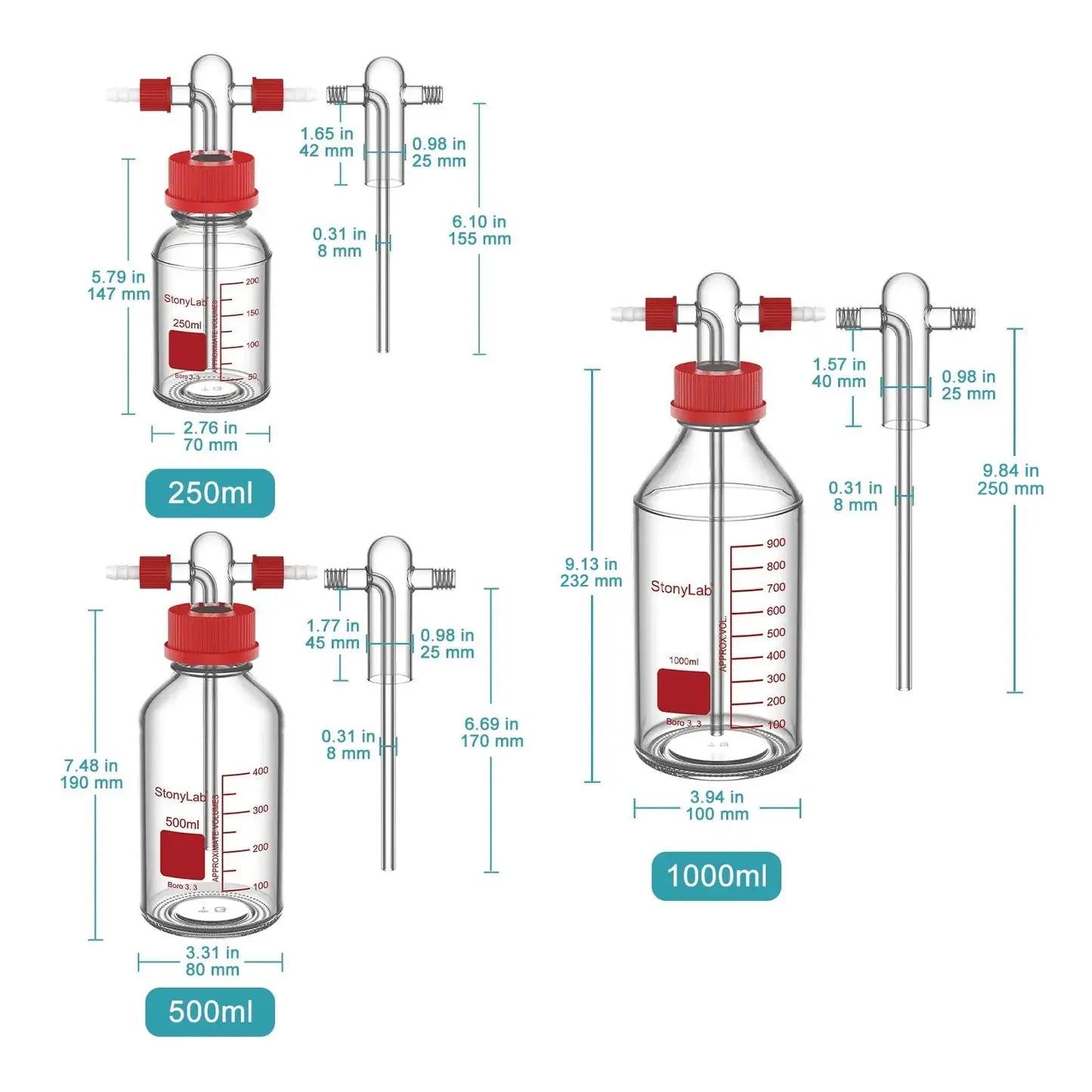 Close-up view showing the precise design and material of StonyLab Gas Washing Bottle with Straight Dispersion Tube