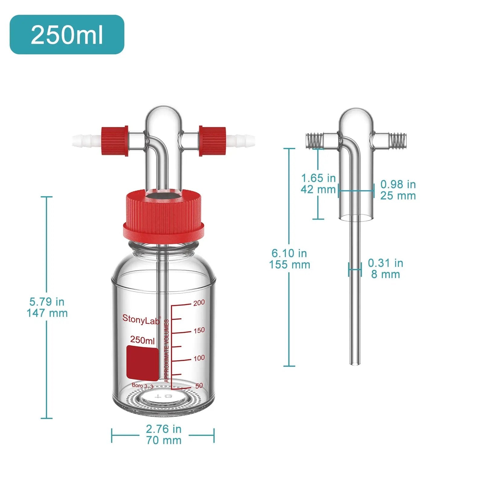 Gas Washing Bottle, Drechsel Head GL45 Screw Thread PP Cap, 250-500 ml Bottles-Bottle Bubblers