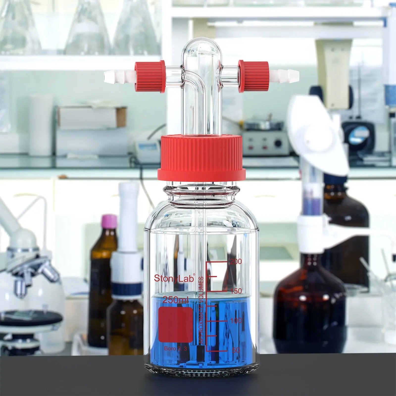 Comprehensive product view and setup components for StonyLab Gas Washing Bottle with Straight Dispersion Tube